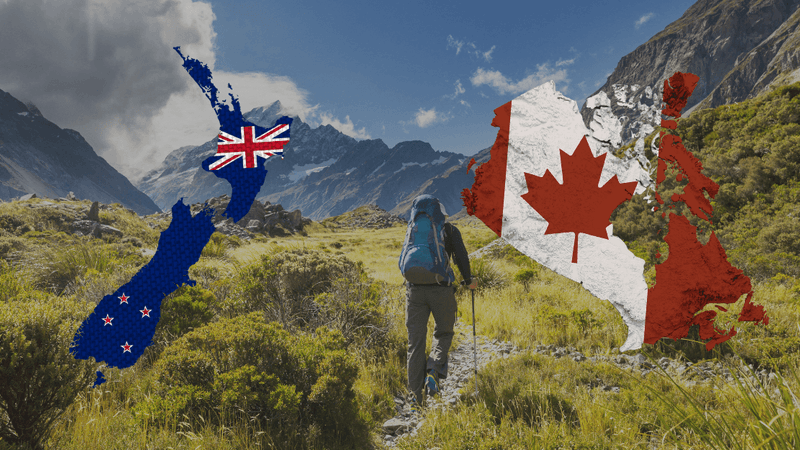 New Zealand vs Canada comparison - Split view showing NZ fjords and Canadian Rocky Mountains for migrants deciding between countries